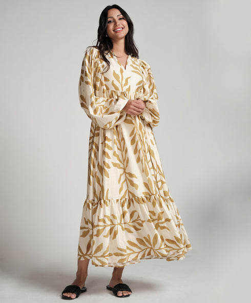 Vneck Elasticated Sleeve Loose Fitted Printed Dress-Yellow